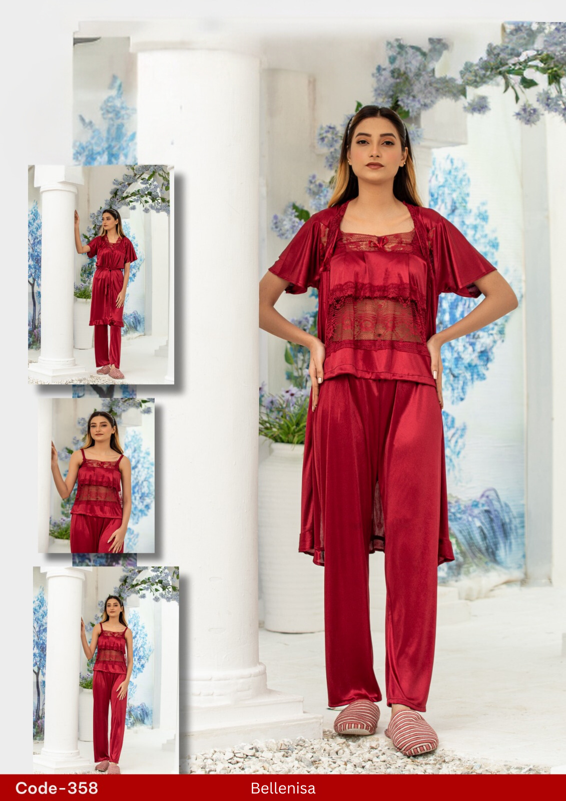 3-Piece Jersey Silk Nighty Set – Gown, Camisole & Trouser-358